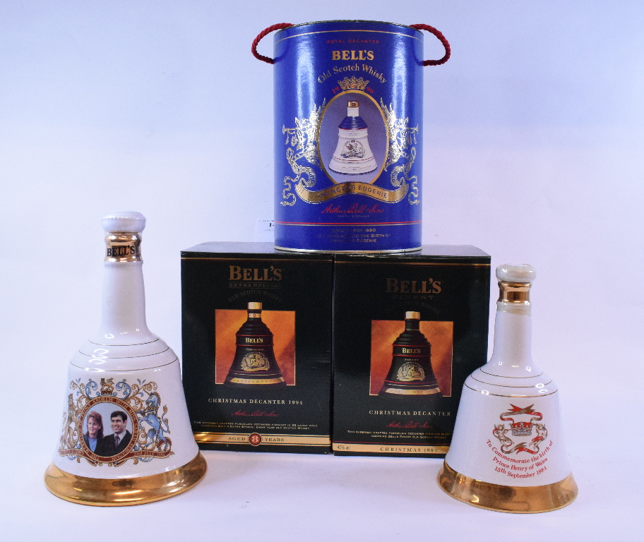 A Bell's whisky Christmas decanter, 1993, another 1994, and three other similar, Princess Eugenie,