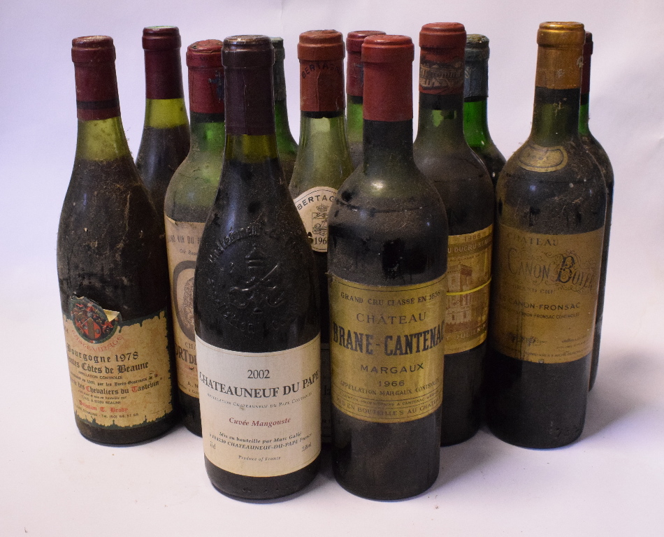 A bottle of Chateau Brane Cantenac Margaux, 1966, a bottle of Chateaunuf du Pape, 2002,