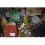 Assorted world coins and medallions,