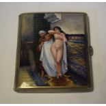 A silver plated and enamel cigarette case, the exterior decorated a Moroccan type scene,