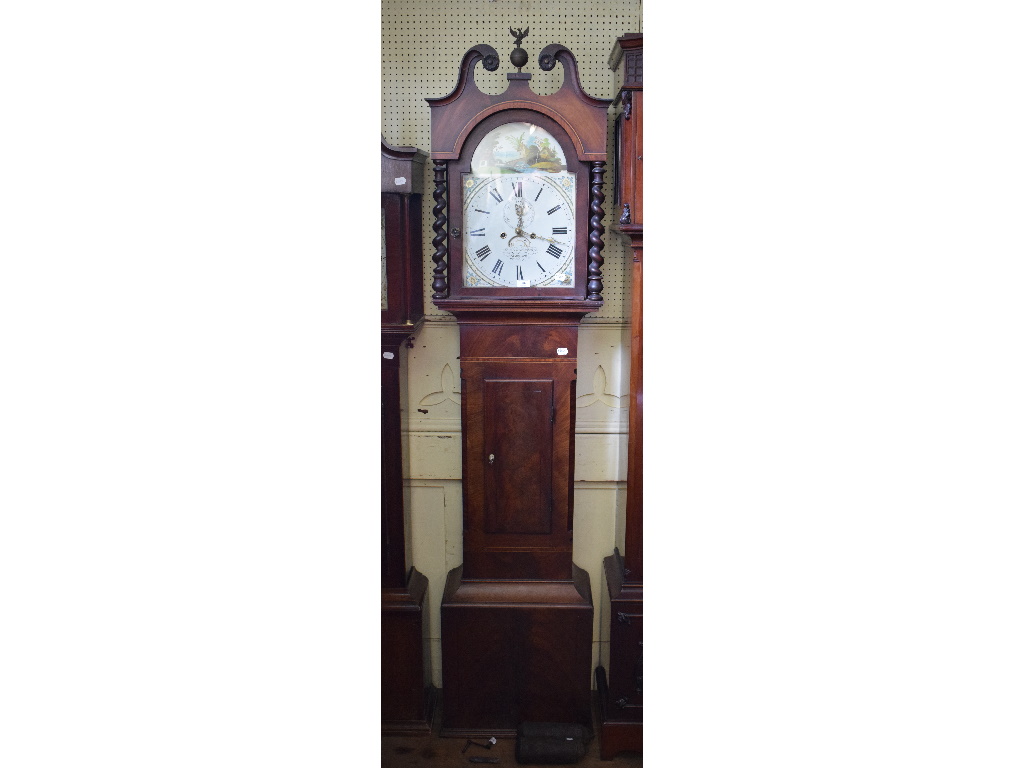 A longcase clock, the 32 cm arched square painted dial signed R Summerhayes Taunton,