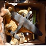 Assorted bears, other toys, metalwares, postcards,