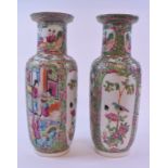 A pair of Cantonese famille rose vases, painted figures, birds, insects, flowers and foliage,