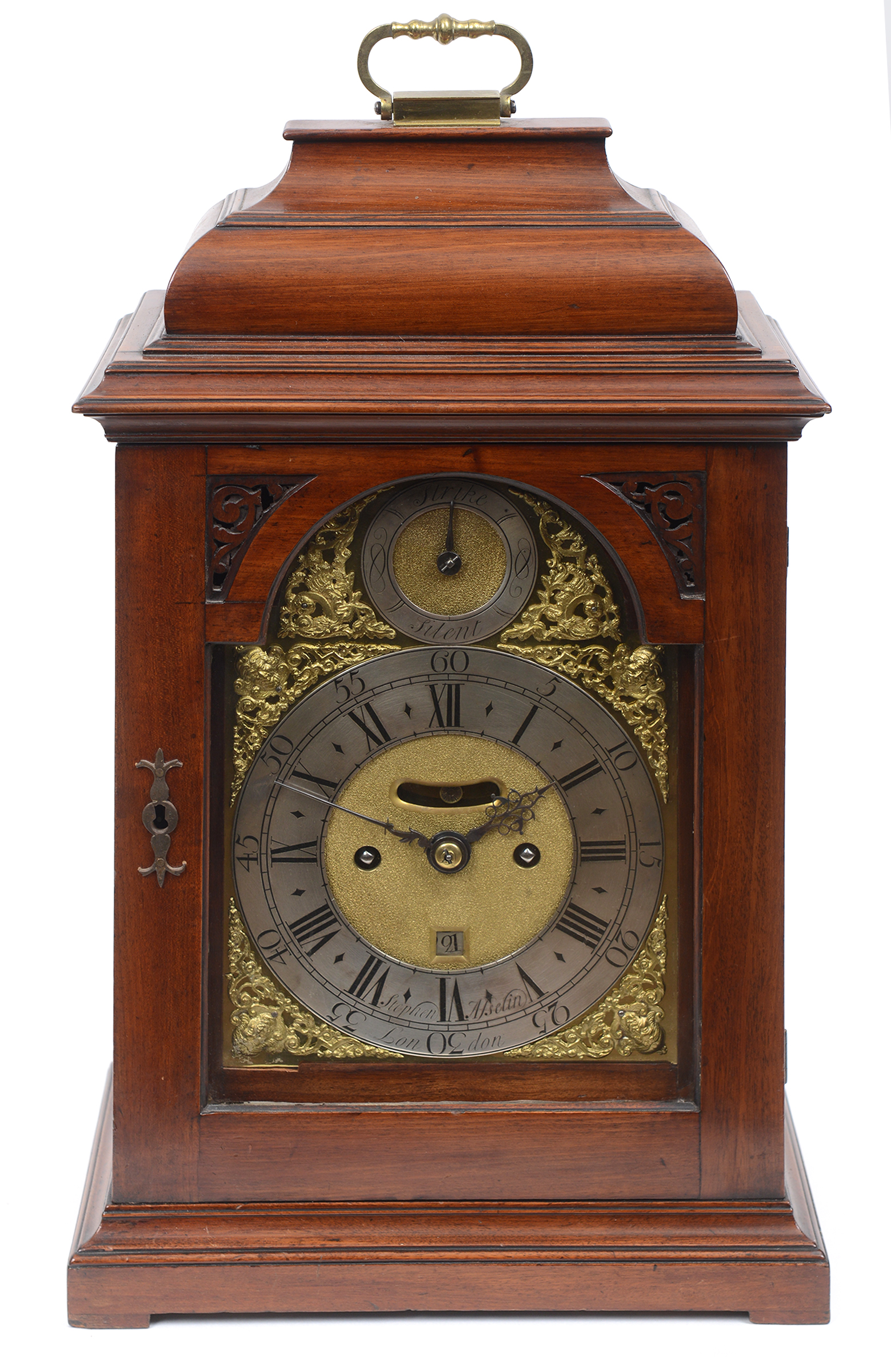 A bracket clock, the 17 cm arched square brass dial signed Stephen Asselin, London,