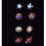 A pair of 9ct gold, opal and tanzanite flowerhead stud earrings,