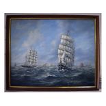 Max Parsons, tall ships off a coastline, oil on board, signed and dated 1987,