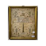 A 19th century sampler, worked by Ann Farmer, incorporating Adam and Eve, a deer, verse,