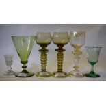 A thistle cut glass, the bowl etched DINNA FORGET, 9 cm high, a green glass goblet,