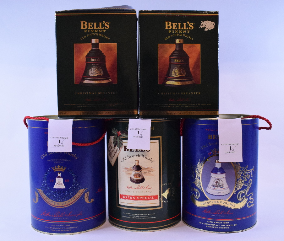 Three Bell's whisky Christmas decanters, 1991, 1992 & 1993, another, Princess Eugenie, 1990,