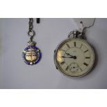 A silver open face pocket watch, Chester 1880, with an Albert, another Albert,