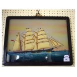 A reverse painted glass picture, decorated a three masted ship, 39.5 x 28.