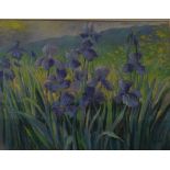 Brian Moore, a study of irises in a landscape, pastel on paper, signed,
