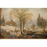 John Corcoran, a snowy village scene with figures, buildings and trees, oil on canvas, signed,