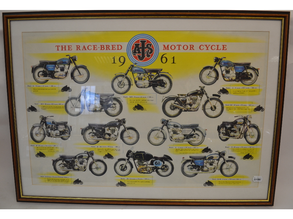 A 1961 AJS sales brochure poster, covering various models, including 7R, 14CS, 16C, and others,