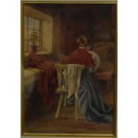 Helena J Maguire, an interior scene with a lady sewing, watercolour, signed, 23.5 x 16.