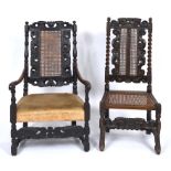 A Carolean carved walnut armchair, with a cane work back,