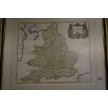 A Robert Morden map of England with watercolour wash,