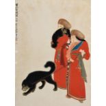 A Chinese coloured print, of two ladies, one with a dog on a chain,