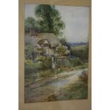 EA Langdon, a country lane with a girl feeding chickens, watercolour, signed, 40.