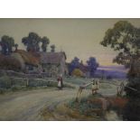 A F De Bréanski, a village scene, watercolour, signed, with Alexander Gallery label verso,