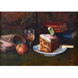 Continental school, 20th century, a still life of fruitcake, sherry, books and other items,