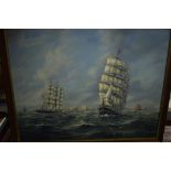 Max Parsons, tall ships off a coastline, oil on board, signed and dated 1987,