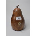 A treen tea caddy in the form of a pear,