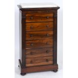 An early Victorian rosewood Wellington chest, the marble top above six graduated long drawers,