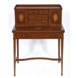 An Edwardian inlaid mahogany bonheur du jour, on tapering square legs joined by a H stretcher, 76.