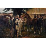 F W (?), The horse fair, oil on canvas laid down, initialled and dated 1936, 59.5 x 89.