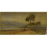 Continental School, a mountainous landscape with a lake and trees, watercolour,