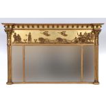 A Regency style gilt gesso overmantle mirror, decorated lions pulling a chariot and other figures,