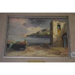 D Bellis, a coastal scene with fishing boats, oil on board, signed, 15 x 22 cm,