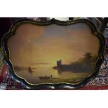 A B Walton & Co papier mache lacquered tray, painted Axmouth Church Devon,