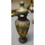 A large cameo glass vase and cover, decorated flowers and foliage, cracked,