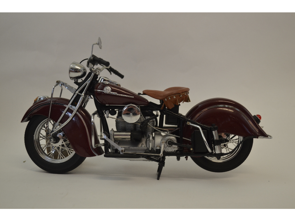 Seven Franklin Mint 1:10 scale die-cast model motorcycles, including 1942 Indian 422, Electra Glide,