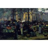 R Hayes, market day, oil on canvas laid down, signed,