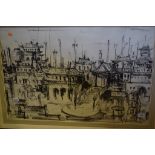 M Lockyer, a street scene, crayon, signed, 34 x 24 cm,
