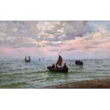 JH Sampson, No 2 Evening, a seascape with figures in rowing boats, oil on canvas,