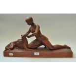 An Art Deco terracotta group after Herman Heusers, of a nude female with a lurcher,