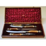 A Victorian silver and horn mounted carving set, various dates and makers, cased,