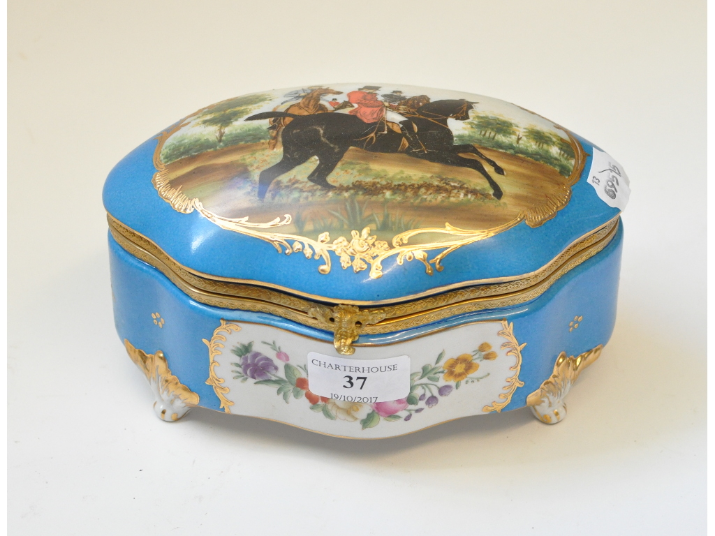 A Sevres style box, decorated a gentleman on horse back,