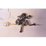 A novelty 9ct gold, silver, amethyst, peridot, diamond and pearl brooch,