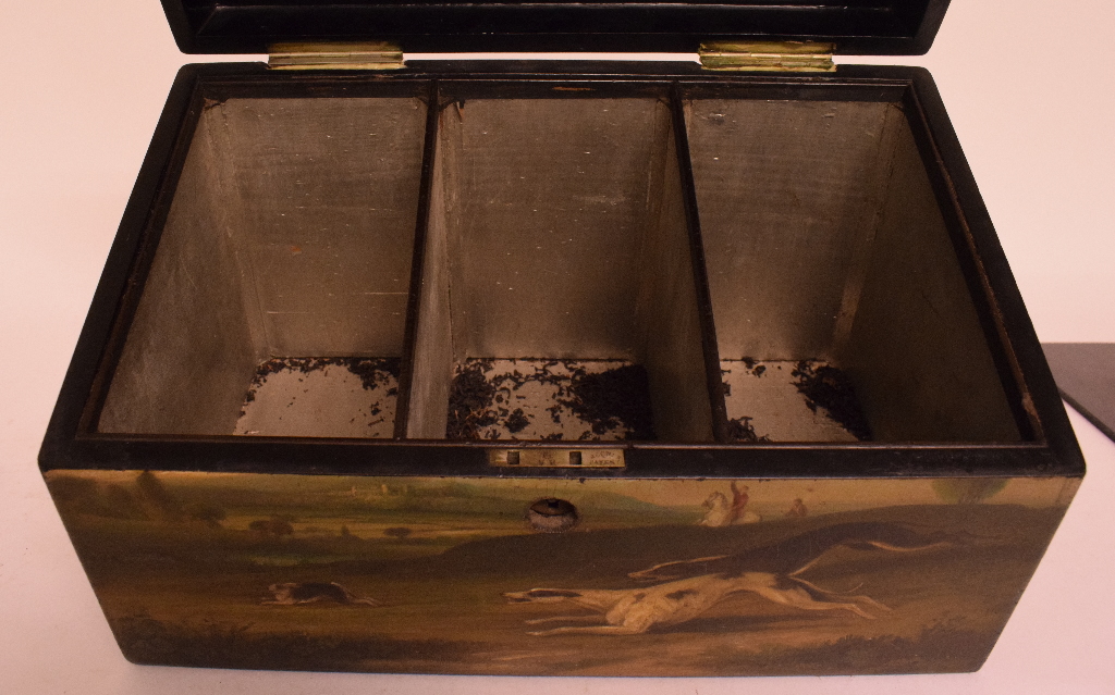 A 19th century painted papier mache tea caddy, - Image 7 of 7