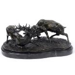 After Pierre-Jules Mêne, a pair of rutting stags, bronze, on a marble base,