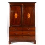 A George III inlaid mahogany linen press, adapted for hanging,