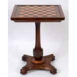 A Victorian burr walnut games table, the reversible top inlaid for chess and backgammon,