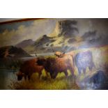 Harris (?), highland cattle in a landscape, oil on canvas, indistinctly signed, 75.5 x 124.