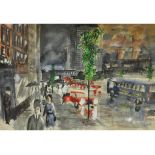 Robb, a city street in the rain, at night, watercolour and bodycolour, signed, 38 x 54 cm,