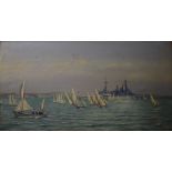 Braye (?), Naval Cadets sailing by a warship, oil on canvas, signed,